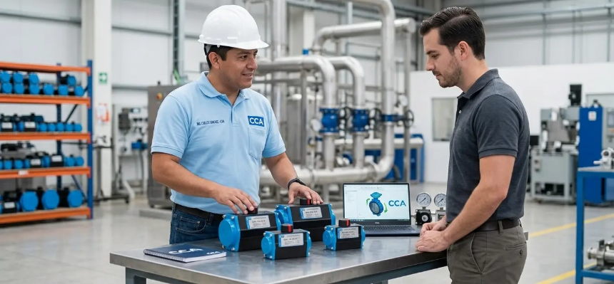 Ingeniero de CCA brindando asesoría técnica sobre actuadores neumáticos a un cliente.