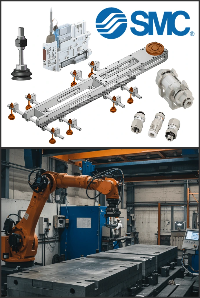 Sistema de ventosas de vacío SMC manipulando láminas de acero inoxidable de gran formato en troqueladora.